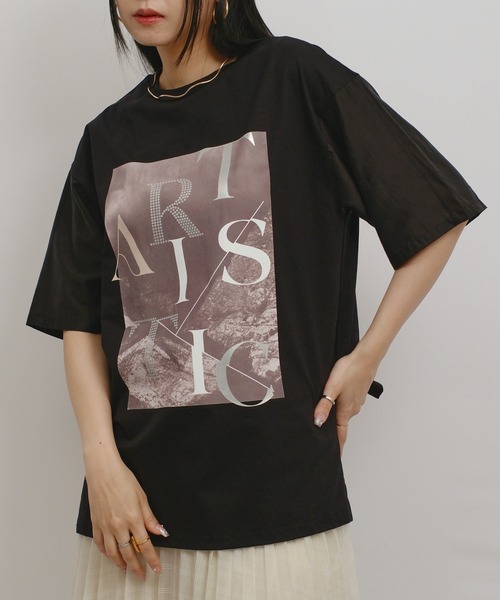 palm RICHE(ポームリシュ)の「異素材袖プリントT(Tシャツ/カットソー・レディース・サックスブルー/ブラック/オフホワイト・M)」の2枚目の写真