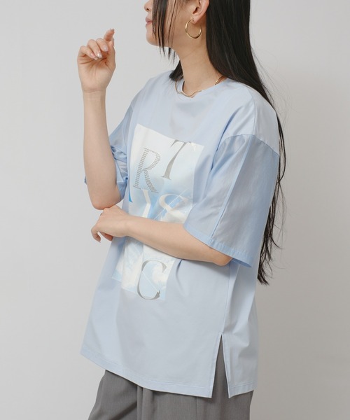 palm RICHE(ポームリシュ)の「異素材袖プリントT(Tシャツ/カットソー・レディース・サックスブルー/ブラック/オフホワイト・M)」の6枚目の写真