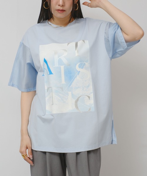 palm RICHE(ポームリシュ)の「異素材袖プリントT(Tシャツ/カットソー・レディース・サックスブルー/ブラック/オフホワイト・M)」の5枚目の写真
