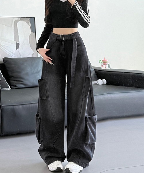 ReRe(リリ)の「カーゴデザインワイドデニムパンツ(デニムパンツ・レディース・ブラック/ブルー・X-LARGE/LARGE/MEDIUM/SMALL)」の6枚目の写真