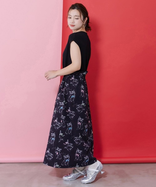 ScoLar(スカラー)の「161631:ネコorクラゲ柄×テレコ素材 ノースリーブワンピース(ワンピース・レディース・ブラック/ベージュ・M)」の12枚目の写真