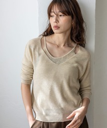 キャミレイヤード風ニットトップス シアーニット 重ね着風 秋服