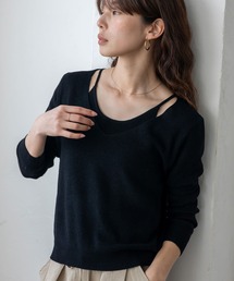 キャミレイヤード風ニットトップス シアーニット 重ね着風 秋服