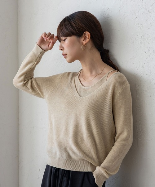 VitaFelice(ヴィータフェリーチェ)の「キャミレイヤード風ニットトップス シアーニット 重ね着風(ニット/セーター・レディース・ブラウン/ベージュ/チャコール/ブラック/アイボリー・FREE)」の17枚目の写真