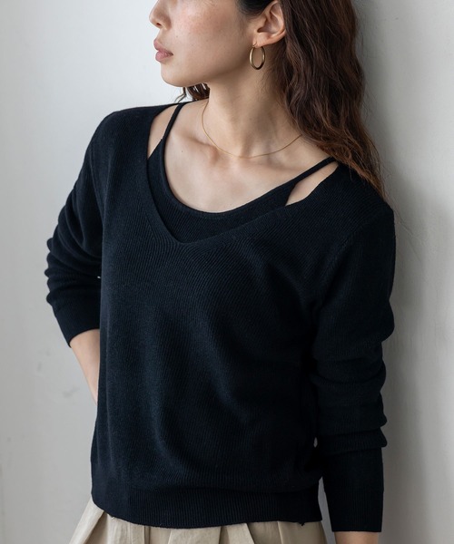 VitaFelice(ヴィータフェリーチェ)の「キャミレイヤード風ニットトップス シアーニット 重ね着風(ニット/セーター・レディース・ブラウン/ベージュ/チャコール/ブラック/アイボリー・FREE)」の12枚目の写真