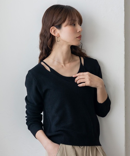 VitaFelice(ヴィータフェリーチェ)の「キャミレイヤード風ニットトップス シアーニット 重ね着風(ニット/セーター・レディース・ブラウン/ベージュ/チャコール/ブラック/アイボリー・FREE)」の14枚目の写真