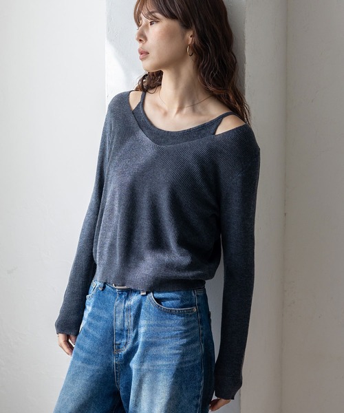 VitaFelice(ヴィータフェリーチェ)の「キャミレイヤード風ニットトップス シアーニット 重ね着風(ニット/セーター・レディース・ブラウン/ベージュ/チャコール/ブラック/アイボリー・FREE)」の10枚目の写真