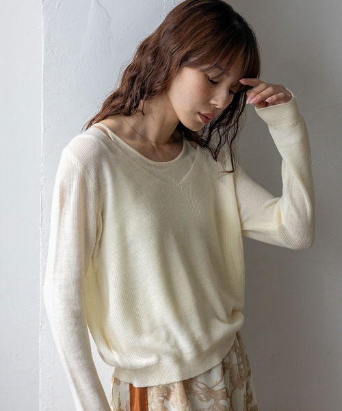 VitaFelice(ヴィータフェリーチェ)の「キャミレイヤード風ニットトップス シアーニット 重ね着風(ニット/セーター・レディース・ブラウン/ベージュ/チャコール/ブラック/アイボリー・FREE)」の19枚目の写真