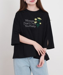 BRODIAEA ロゴフラワー刺繍 袖口スリット五分袖Tシャツ 日本製