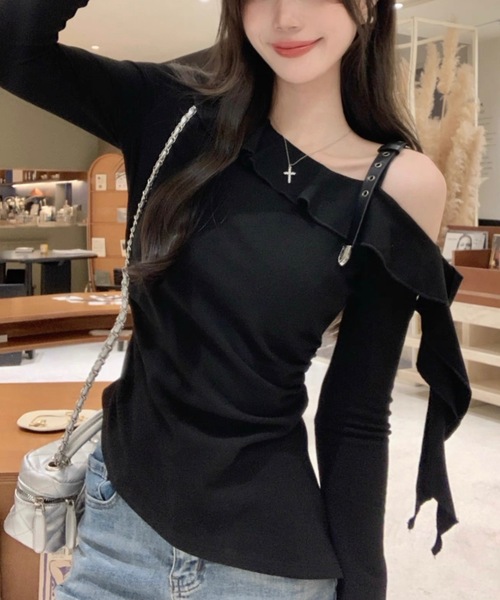Alvia(アルビア)の「オフショルダー フリル袖トップス(Tシャツ/カットソー・レディース・ベージュ/ダークグレー・M)」の10枚目の写真