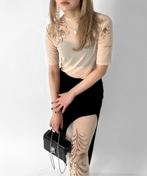 jiasecond.（ジアセカンド）の「【jiasecond.】タトゥーシアー半袖トップス / トップス 半袖 シアー フラワー ブラック ベージュ ZOZOTOWN限定（その他トップス）」