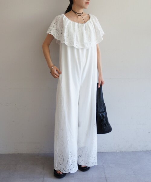 LOUNGEDRESS（ラウンジドレス）の「コットンレースオールインワン（つなぎ/オールインワン・レディース・オフホワイト/ブラック・FREE）」の3枚目の写真