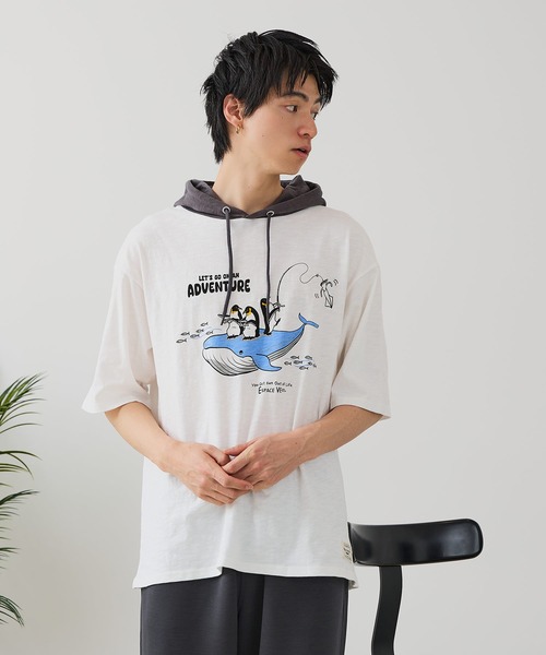 Blue Standard （ブルースタンダード）の「【BLUE STANDARD/ブルースタンダード】【涼しい スラブ天竺】アニマルプリントＴパーカー 綿100% 凹凸素材 ペンギン クジラ ゆるかわ 凹凸素材 部屋着 ワンマイル キャンプ（Tシャツ/カットソー・メンズ・その他/その他1/その他2・MEDIUM/LARGE/X-LARGE）」の10枚目の写真
