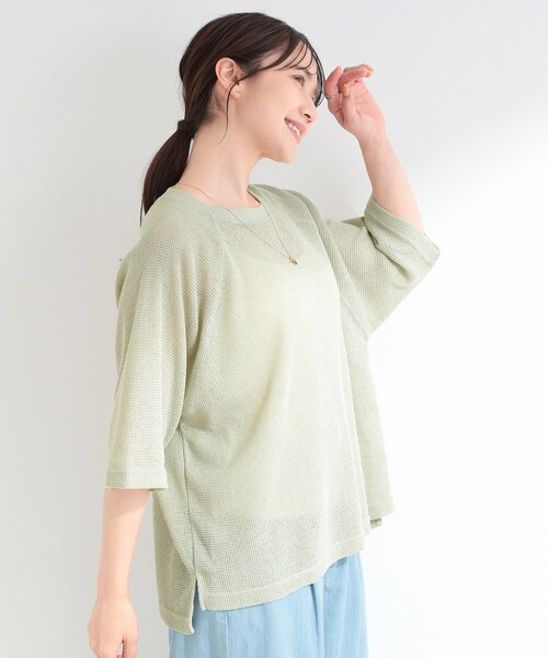 SHOO・LA・RUE（シューラルー）の「【S-LL】シアーワッフル ラグラン5分袖ゆるTシャツ（Tシャツ/カットソー・レディース・ブラウン系その他/オフホワイト/グリーン系・04/03/02/01）」の16枚目の写真