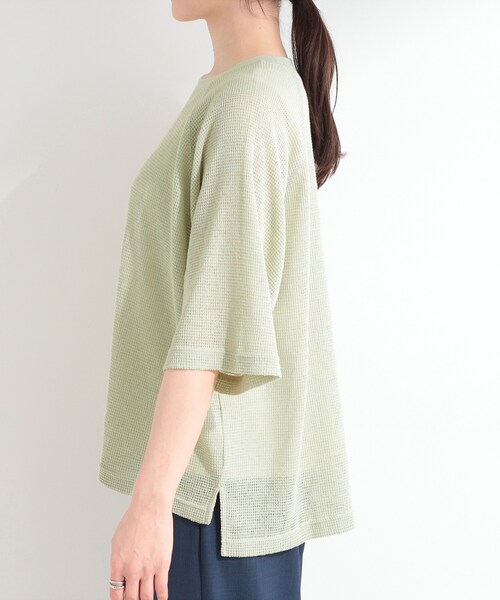 SHOO・LA・RUE（シューラルー）の「【S-LL】シアーワッフル ラグラン5分袖ゆるTシャツ（Tシャツ/カットソー・レディース・ブラウン系その他/オフホワイト/グリーン系・04/03/02/01）」の8枚目の写真