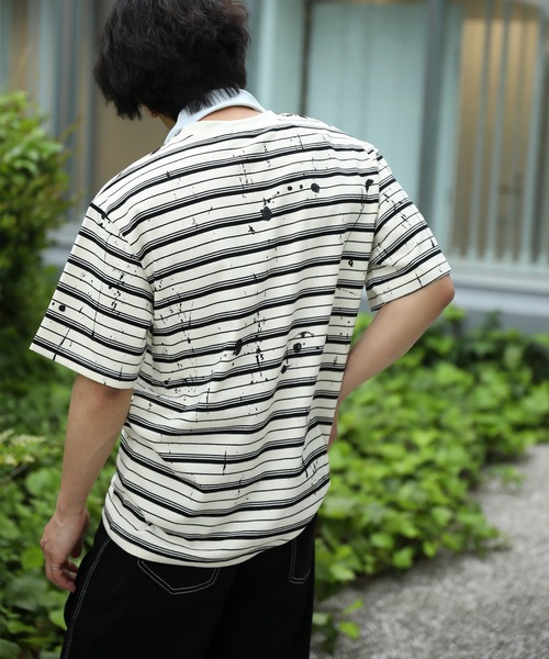 HOOK(フック)の「HOOK ペイントスプラッシュ × ボーダー 半袖 Tシャツ (SS)(Tシャツ/カットソー・メンズ・オフホワイト/ブラック/グリーン・L/M)」の4枚目の写真