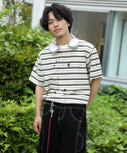 HOOK(フック)の「HOOK ペイントスプラッシュ × ボーダー 半袖 Tシャツ (SS)(Tシャツ/カットソー・メンズ・オフホワイト/ブラック/グリーン・L/M)」の5枚目の写真