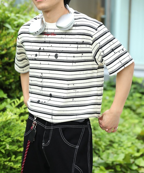 HOOK(フック)の「HOOK ペイントスプラッシュ × ボーダー 半袖 Tシャツ (SS)(Tシャツ/カットソー・メンズ・オフホワイト/ブラック/グリーン・L/M)」の6枚目の写真