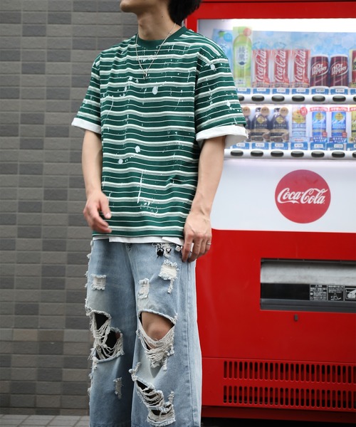 HOOK(フック)の「HOOK ペイントスプラッシュ × ボーダー 半袖 Tシャツ (SS)(Tシャツ/カットソー・メンズ・オフホワイト/ブラック/グリーン・L/M)」の8枚目の写真
