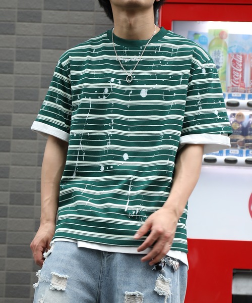 HOOK(フック)の「HOOK ペイントスプラッシュ × ボーダー 半袖 Tシャツ (SS)(Tシャツ/カットソー・メンズ・オフホワイト/ブラック/グリーン・L/M)」の9枚目の写真