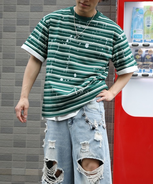 HOOK(フック)の「HOOK ペイントスプラッシュ × ボーダー 半袖 Tシャツ (SS)(Tシャツ/カットソー・メンズ・オフホワイト/ブラック/グリーン・L/M)」の10枚目の写真