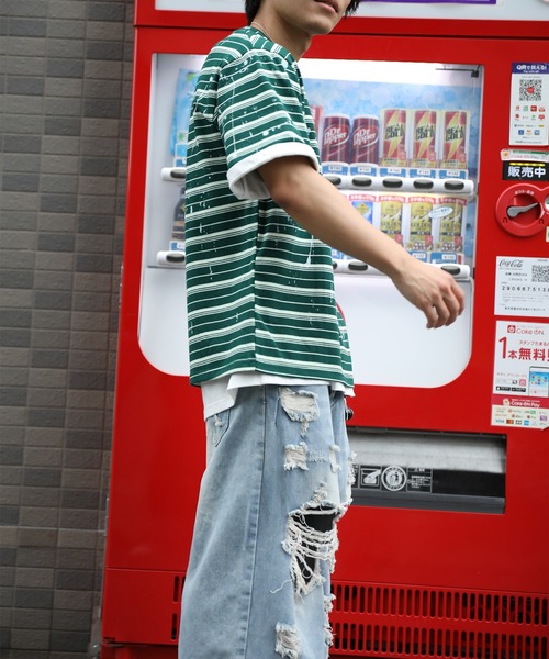 HOOK(フック)の「HOOK ペイントスプラッシュ × ボーダー 半袖 Tシャツ (SS)(Tシャツ/カットソー・メンズ・オフホワイト/ブラック/グリーン・L/M)」の12枚目の写真