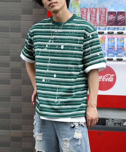 HOOK(フック)の「HOOK ペイントスプラッシュ × ボーダー 半袖 Tシャツ (SS)(Tシャツ/カットソー・メンズ・オフホワイト/ブラック/グリーン・L/M)」の14枚目の写真