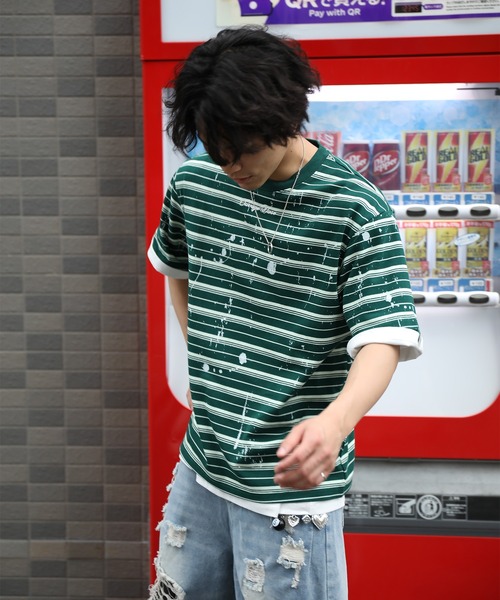 HOOK(フック)の「HOOK ペイントスプラッシュ × ボーダー 半袖 Tシャツ (SS)(Tシャツ/カットソー・メンズ・オフホワイト/ブラック/グリーン・L/M)」の15枚目の写真