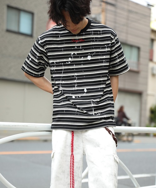HOOK(フック)の「HOOK ペイントスプラッシュ × ボーダー 半袖 Tシャツ (SS)(Tシャツ/カットソー・メンズ・オフホワイト/ブラック/グリーン・L/M)」の16枚目の写真