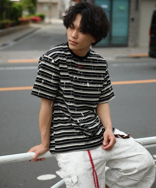 HOOK(フック)の「HOOK ペイントスプラッシュ × ボーダー 半袖 Tシャツ (SS)(Tシャツ/カットソー・メンズ・オフホワイト/ブラック/グリーン・L/M)」の19枚目の写真