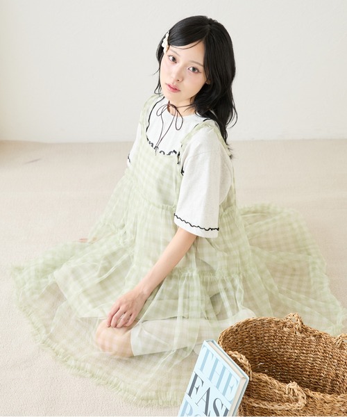 40 N°21 ドットチュール フリル キャミミニワンピ シースルー風 フリルチュールミニキャミワンピース（ワンピース）｜kutir