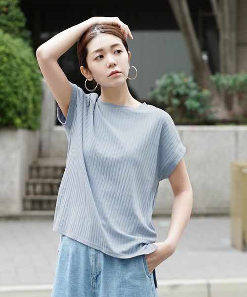 zootie（ズーティー）の「汗しみない リブカットソー［フレンチスリーブ］（Tシャツ/カットソー・レディース・グレイッシュブルー/ライトベージュ/レッド/モカ/ブラック/イエロー系その他/ネイビー・M-L）」の13枚目の写真
