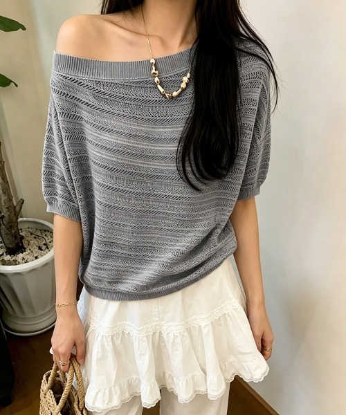 Miniministore(ミニミニストア)の「ニットトップスオフショルダーサマーニット(Tシャツ/カットソー・レディース・イエロー/グレー/ロイヤルブルー/グリーン/ホワイト・FREE)」の3枚目の写真