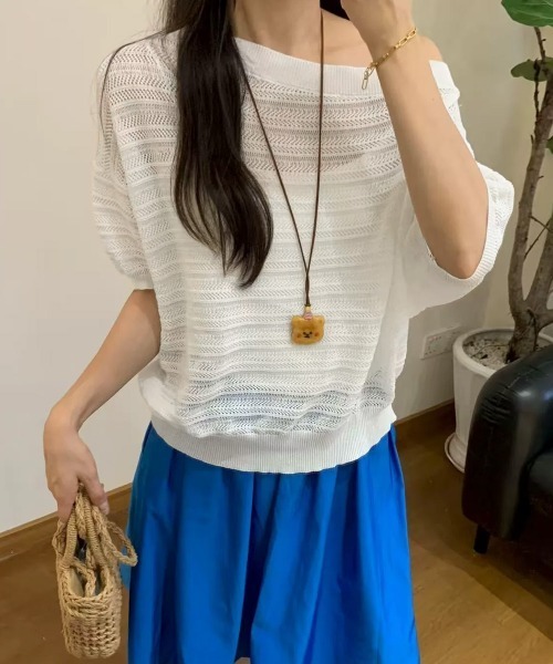 Miniministore(ミニミニストア)の「ニットトップスオフショルダーサマーニット(Tシャツ/カットソー・レディース・イエロー/グレー/ロイヤルブルー/グリーン/ホワイト・FREE)」の2枚目の写真