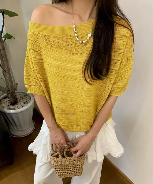 Miniministore(ミニミニストア)の「ニットトップスオフショルダーサマーニット(Tシャツ/カットソー・レディース・イエロー/グレー/ロイヤルブルー/グリーン/ホワイト・FREE)」の5枚目の写真