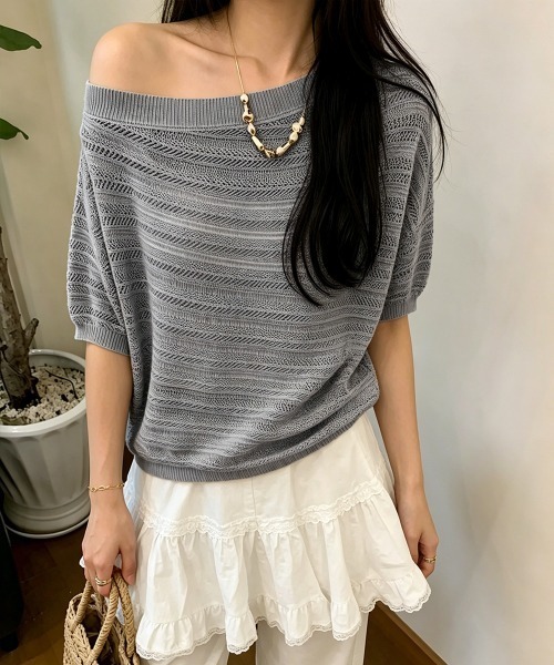 Miniministore(ミニミニストア)の「ニットトップスオフショルダーサマーニット(Tシャツ/カットソー・レディース・イエロー/グレー/ロイヤルブルー/グリーン/ホワイト・FREE)」の7枚目の写真