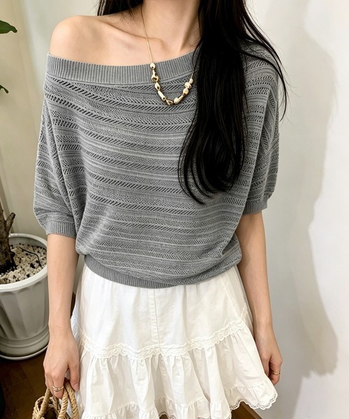 Miniministore(ミニミニストア)の「ニットトップスオフショルダーサマーニット(Tシャツ/カットソー・レディース・イエロー/グレー/ロイヤルブルー/グリーン/ホワイト・FREE)」の8枚目の写真