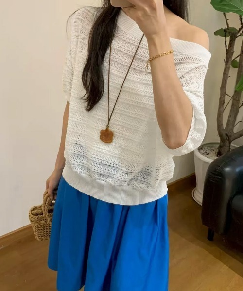 Miniministore(ミニミニストア)の「ニットトップスオフショルダーサマーニット(Tシャツ/カットソー・レディース・イエロー/グレー/ロイヤルブルー/グリーン/ホワイト・FREE)」の11枚目の写真
