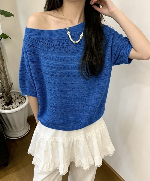 Miniministore(ミニミニストア)の「ニットトップスオフショルダーサマーニット(Tシャツ/カットソー・レディース・イエロー/グレー/ロイヤルブルー/グリーン/ホワイト・FREE)」の12枚目の写真