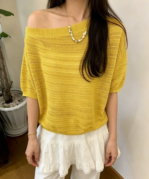 Miniministore(ミニミニストア)の「ニットトップスオフショルダーサマーニット(Tシャツ/カットソー・レディース・イエロー/グレー/ロイヤルブルー/グリーン/ホワイト・FREE)」の14枚目の写真