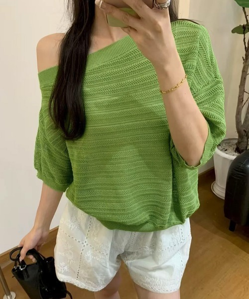 Miniministore(ミニミニストア)の「ニットトップスオフショルダーサマーニット(Tシャツ/カットソー・レディース・イエロー/グレー/ロイヤルブルー/グリーン/ホワイト・FREE)」の15枚目の写真
