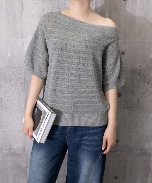 Miniministore(ミニミニストア)の「ニットトップスオフショルダーサマーニット(Tシャツ/カットソー・レディース・イエロー/グレー/ロイヤルブルー/グリーン/ホワイト・FREE)」の16枚目の写真