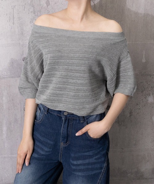 Miniministore(ミニミニストア)の「ニットトップスオフショルダーサマーニット(Tシャツ/カットソー・レディース・イエロー/グレー/ロイヤルブルー/グリーン/ホワイト・FREE)」の18枚目の写真