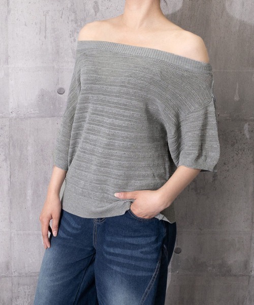 Miniministore(ミニミニストア)の「ニットトップスオフショルダーサマーニット(Tシャツ/カットソー・レディース・イエロー/グレー/ロイヤルブルー/グリーン/ホワイト・FREE)」の19枚目の写真