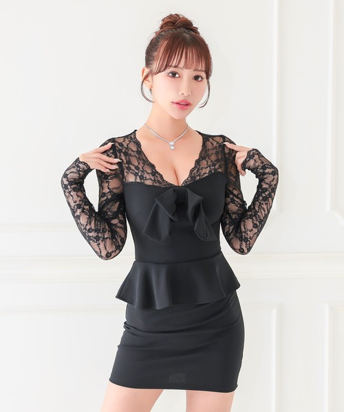 Tika（ティカ）の「キャバドレス ミニ タイト 長袖 レース リボン ペプラム 体型カバー セクシードレス（ドレス・レディース・ピンク/ブラック/ホワイト・L/M）」の4枚目の写真