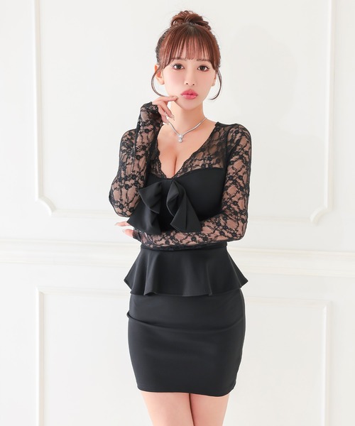 Tika（ティカ）の「キャバドレス ミニ タイト 長袖 レース リボン ペプラム 体型カバー セクシードレス（ドレス・レディース・ピンク/ブラック/ホワイト・L/M）」の5枚目の写真