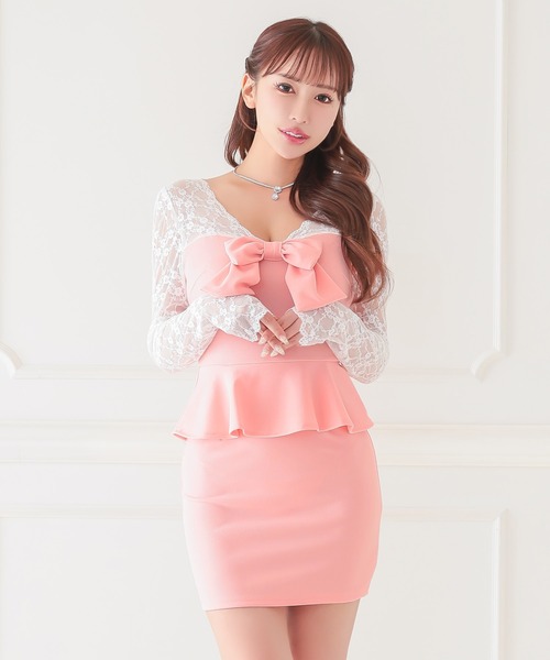 Tika（ティカ）の「キャバドレス ミニ タイト 長袖 レース リボン ペプラム 体型カバー セクシードレス（ドレス・レディース・ピンク/ブラック/ホワイト・L/M）」の8枚目の写真