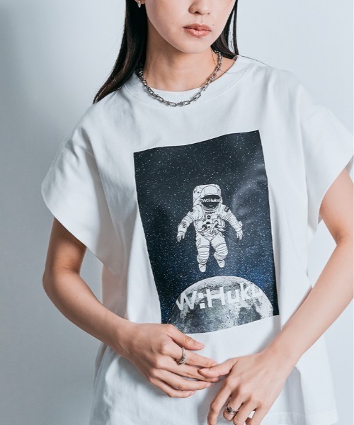 W:Huku(フーク)の「コスモ プリント フレンチ スリーブ Tシャツ(Tシャツ/カットソー・レディース・ブラック/オフホワイト・FREE)」の6枚目の写真