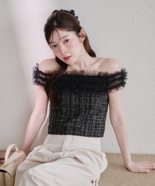 fupel（フぺル）の「tulle tweed tops / チュールツイードトップス（シャツ/ブラウス・レディース・ピンク/ブラック/アイボリー・FREE）」の2枚目の写真