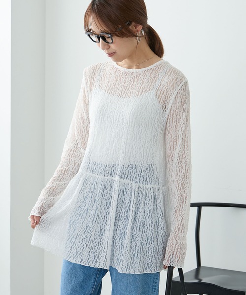 Aunely(オーネリー)の「【Aunely】華やぐシアーアソートレースペプラム プルオーバー<YOSOOIシリーズ>(Tシャツ/カットソー・レディース・オフホワイト/ピンク/アイボリー/ブラウン/ライトブルー/ブラック・L/M)」の15枚目の写真